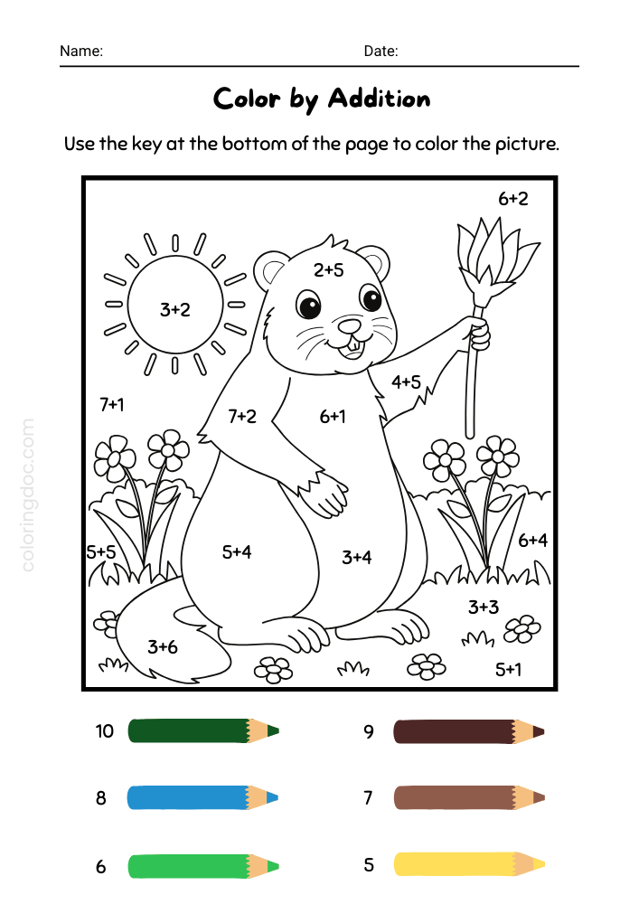 Animal Coloring by Addition Worksheet
