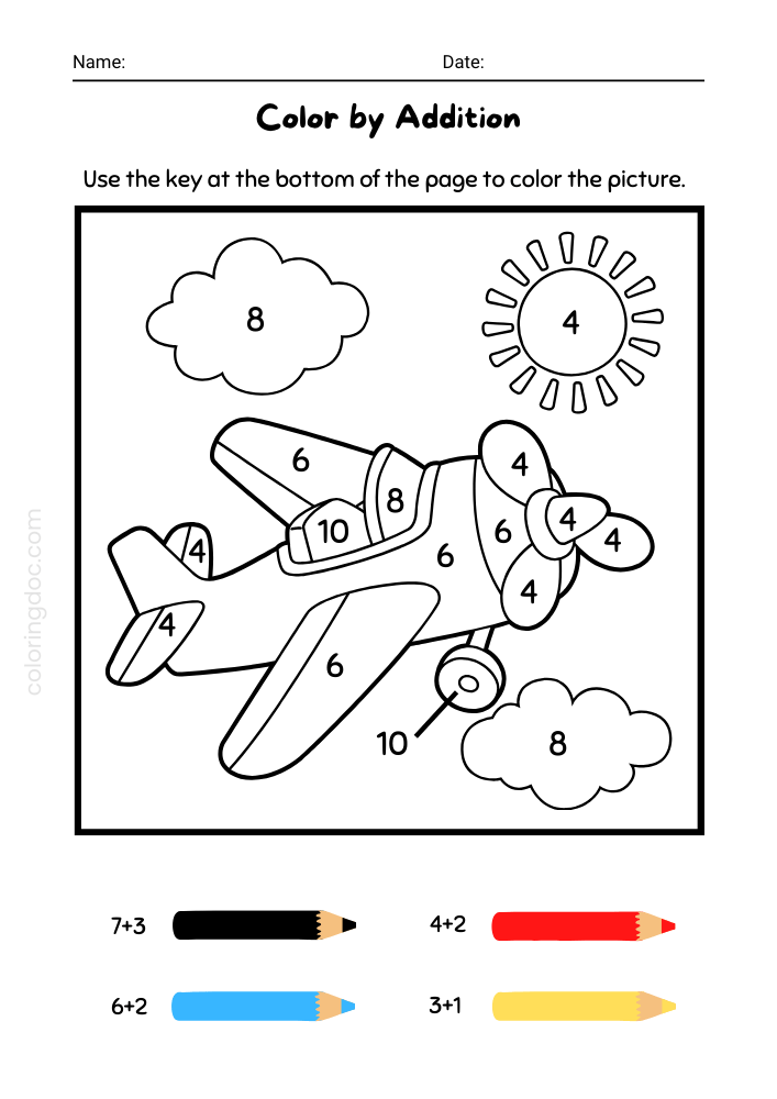 Color by Adding Numbers Sheets for Grade 1 to 5