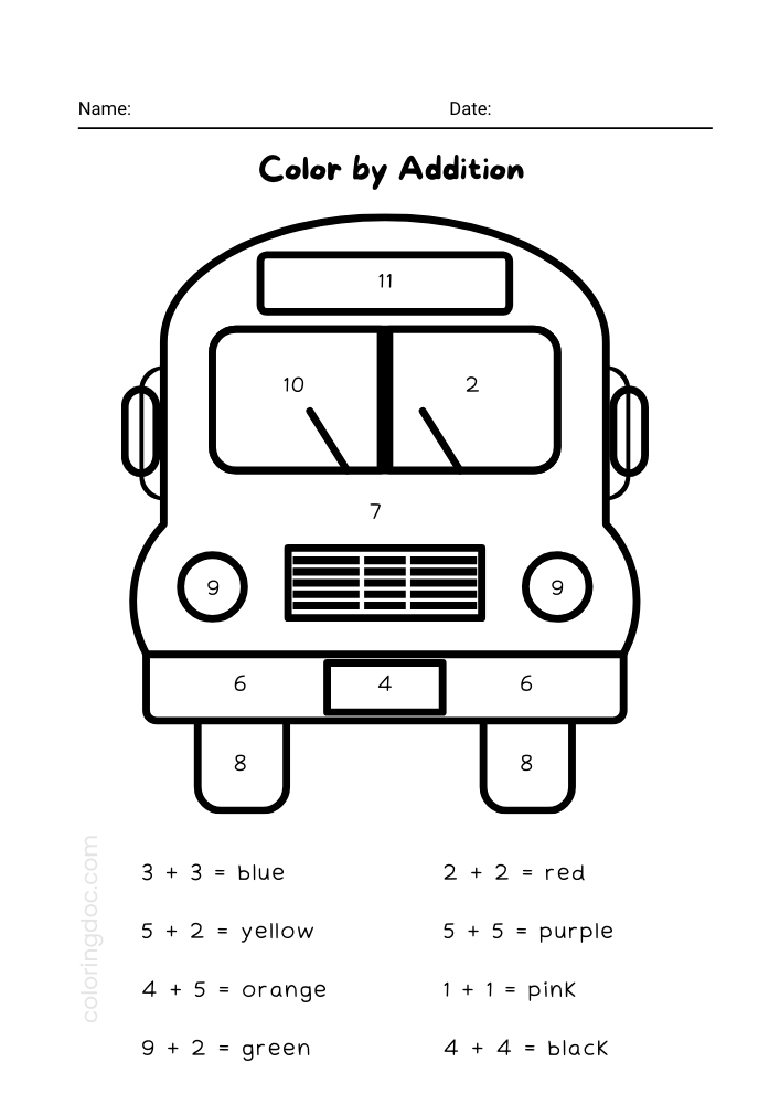 Color by Addition - School Bus Worksheet