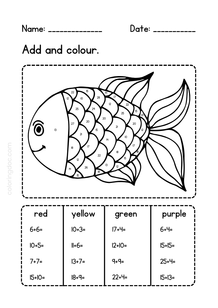 Fish Color by Adding Worksheet