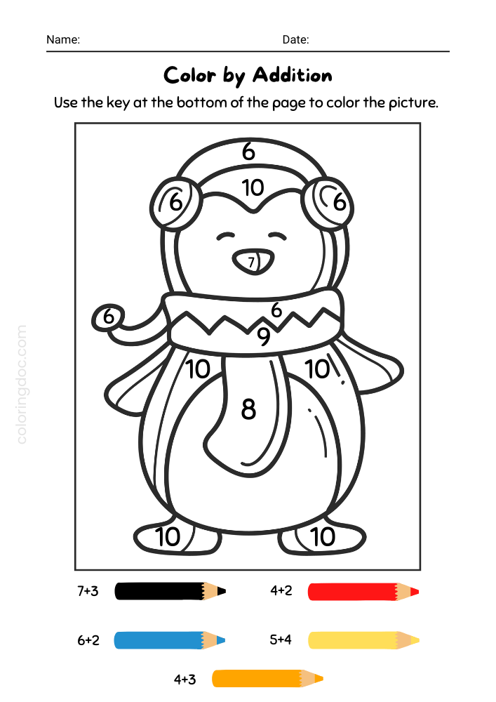Penguin Single-Digit Addition Coloring Worksheet